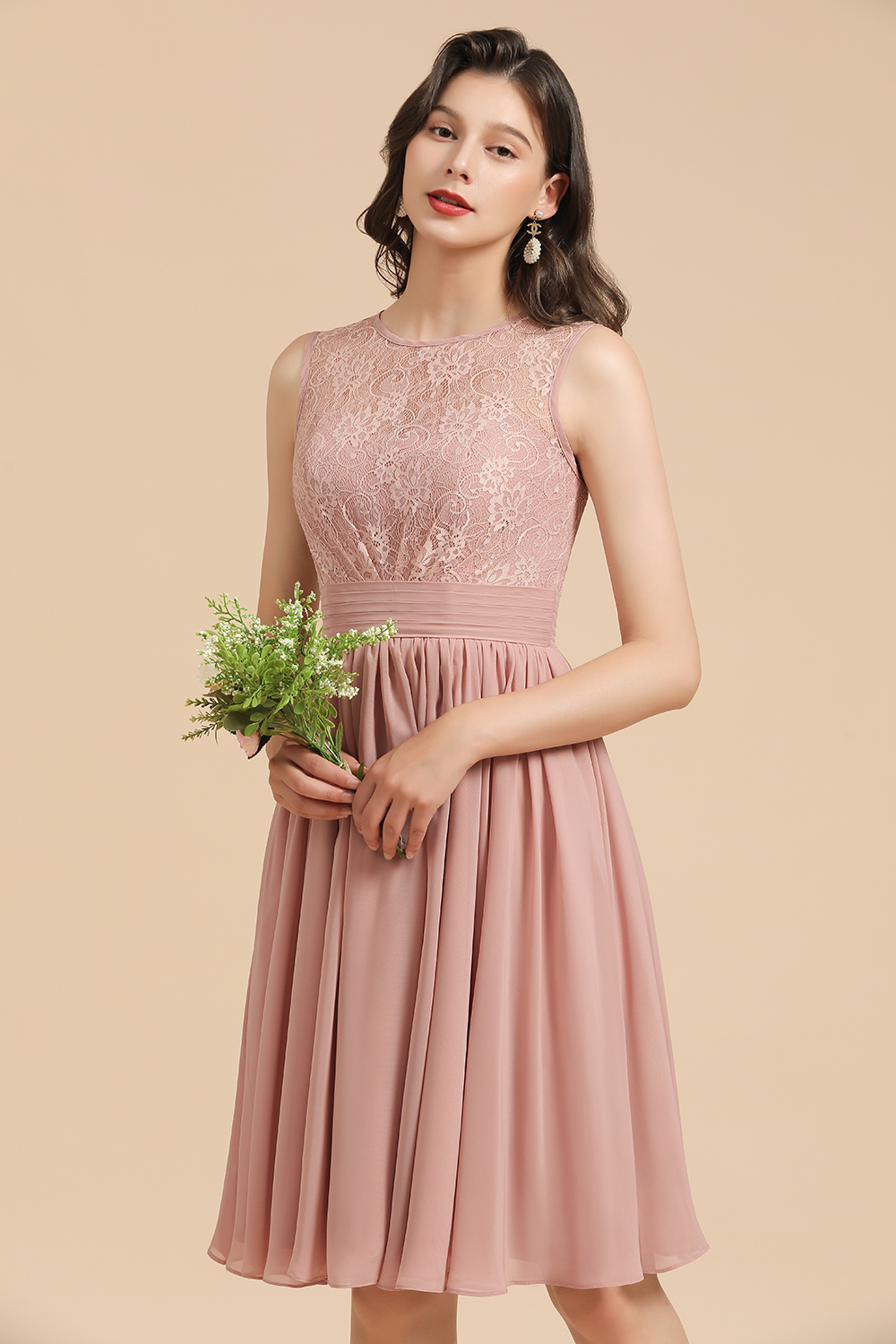 Simple Lace Straps Knee Length Short Bridesmaid Dress