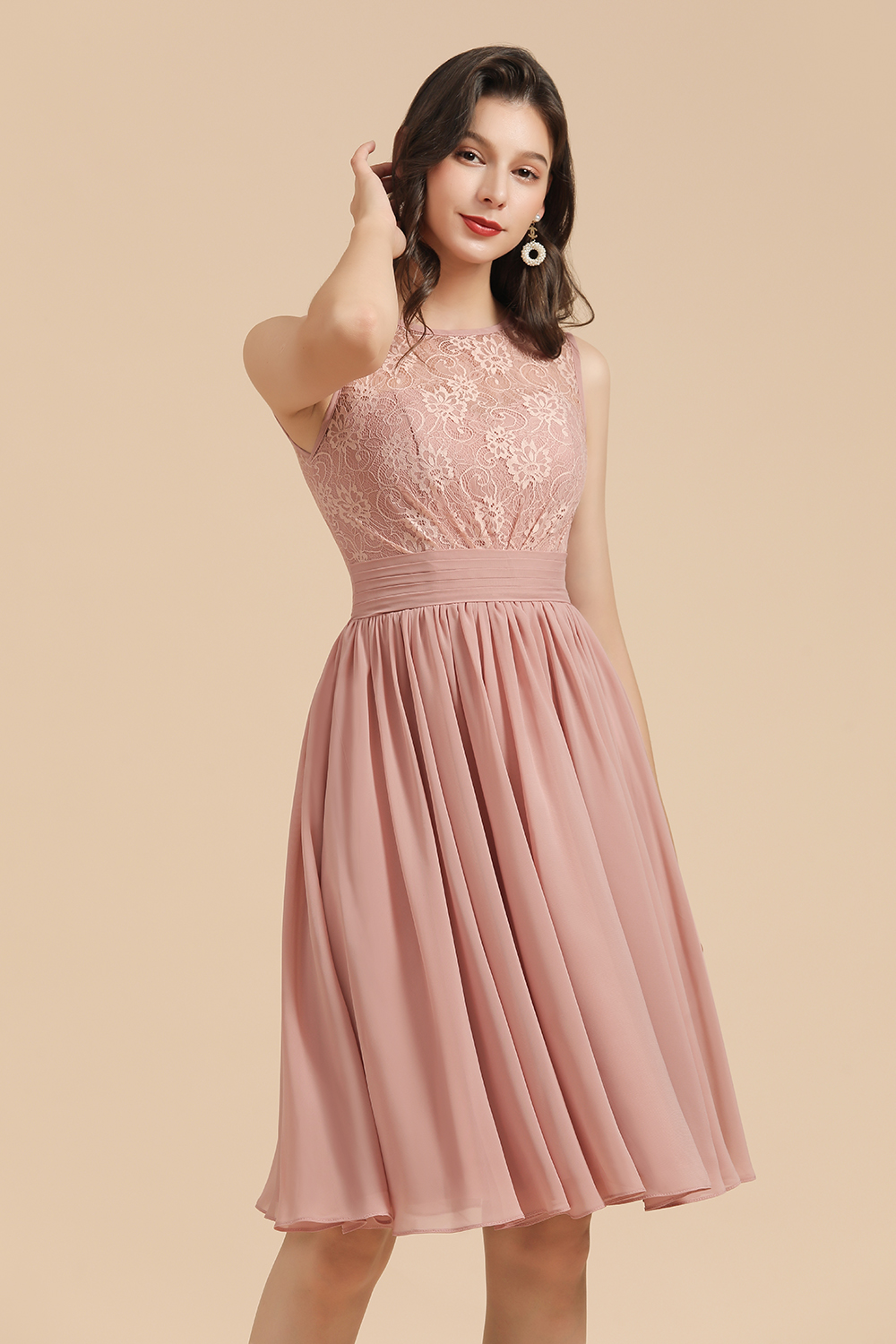 Simple Lace Straps Knee Length Short Bridesmaid Dress