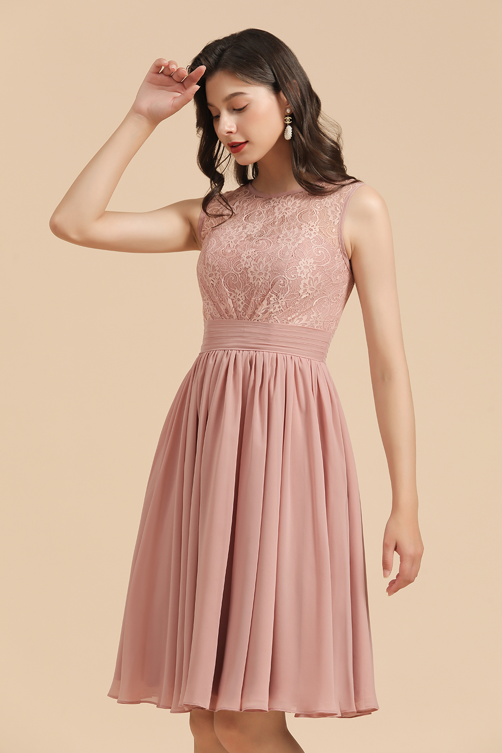 Simple Lace Straps Knee Length Short Bridesmaid Dress