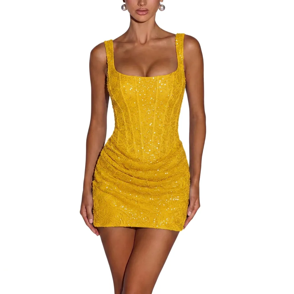 BABYONLINE D.R.E.S.S. Sequins Corset Homecoming Dresses for Teens Sparkly Square Neck Short Cocktail Party Dress 6024
