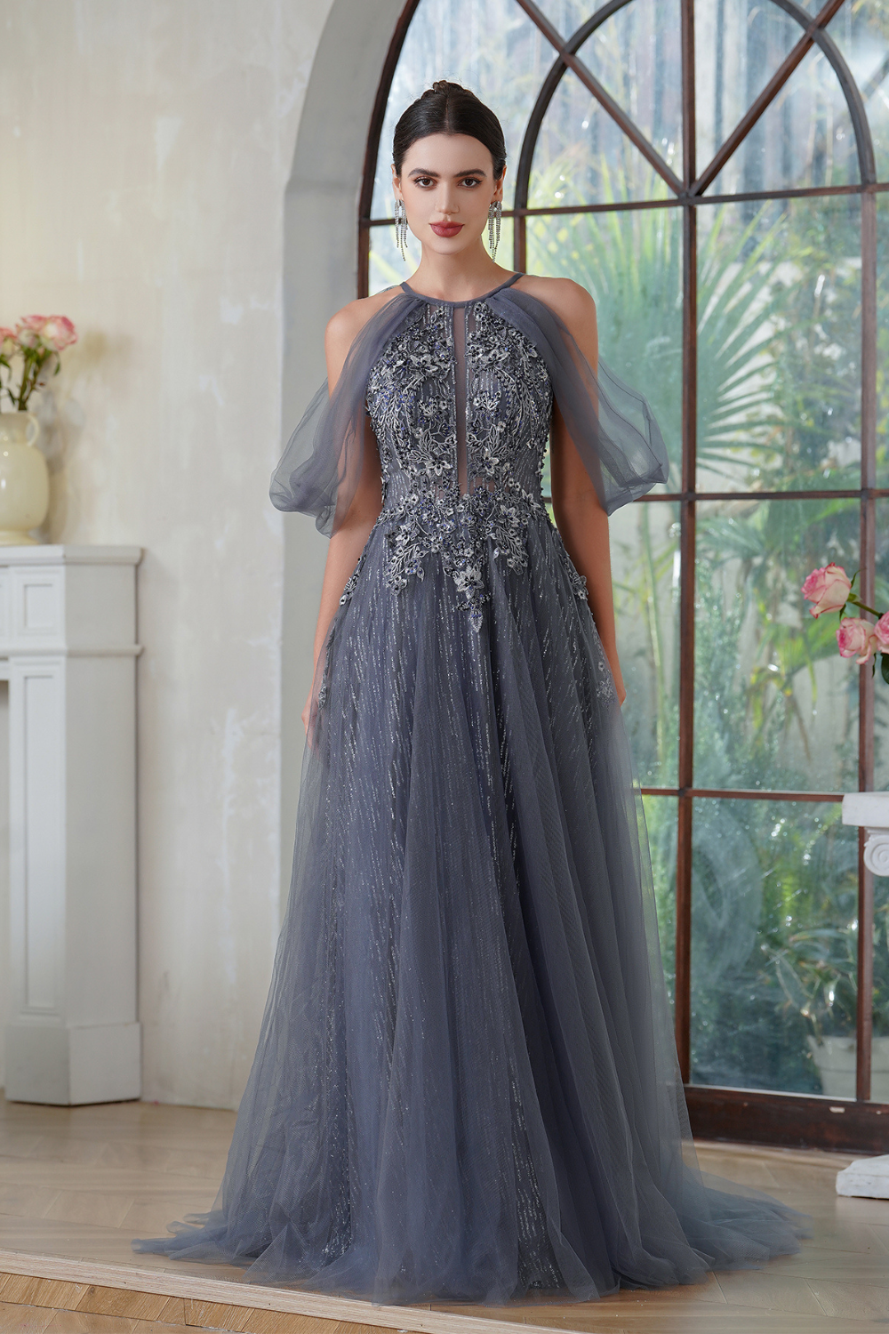A-line Halter Tulle Long Prom Dresses with Lace Applique and Beaded-BabyOnlineDress