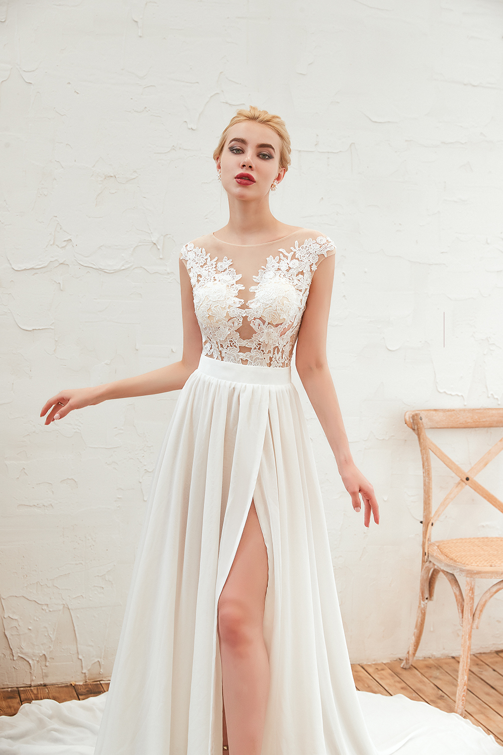 Long Bateau Appliques Lace A-line Chiffon Ruffles Wedding Dress With Side Slit