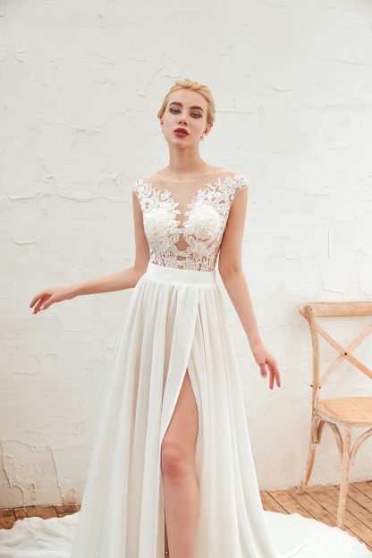 Long Bateau Appliques Lace A-line Chiffon Ruffles Wedding Dress With Side Slit