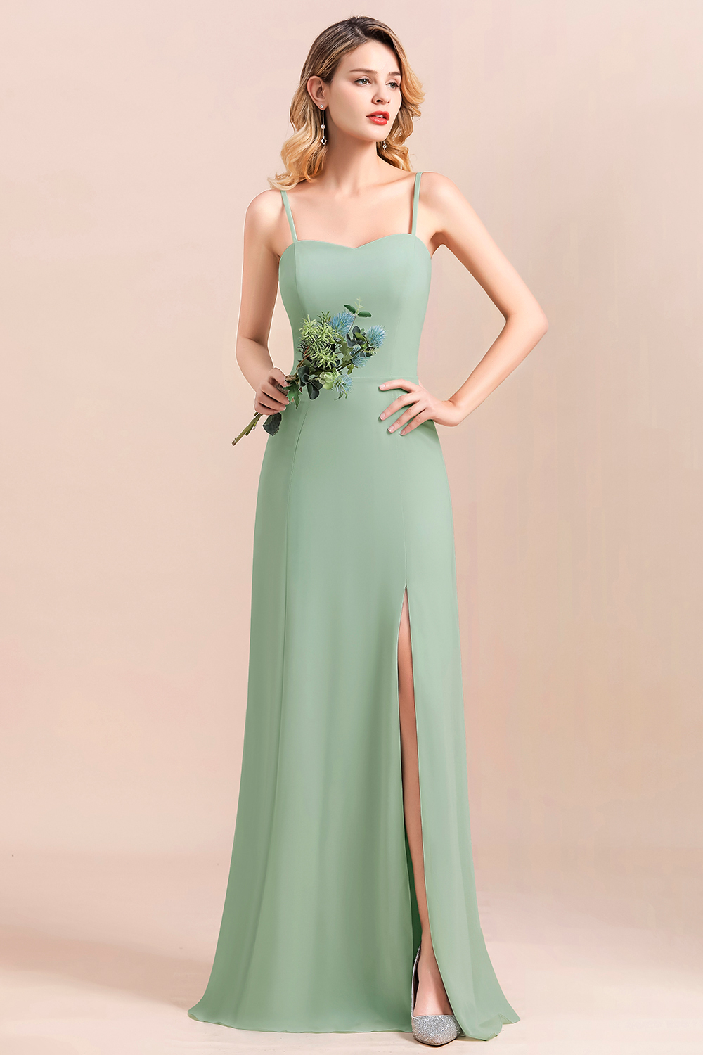 Romantic Sage Garden Dress Spaghetti Straps A-Line Chiffon Bridesmaid Dress With Side Slit