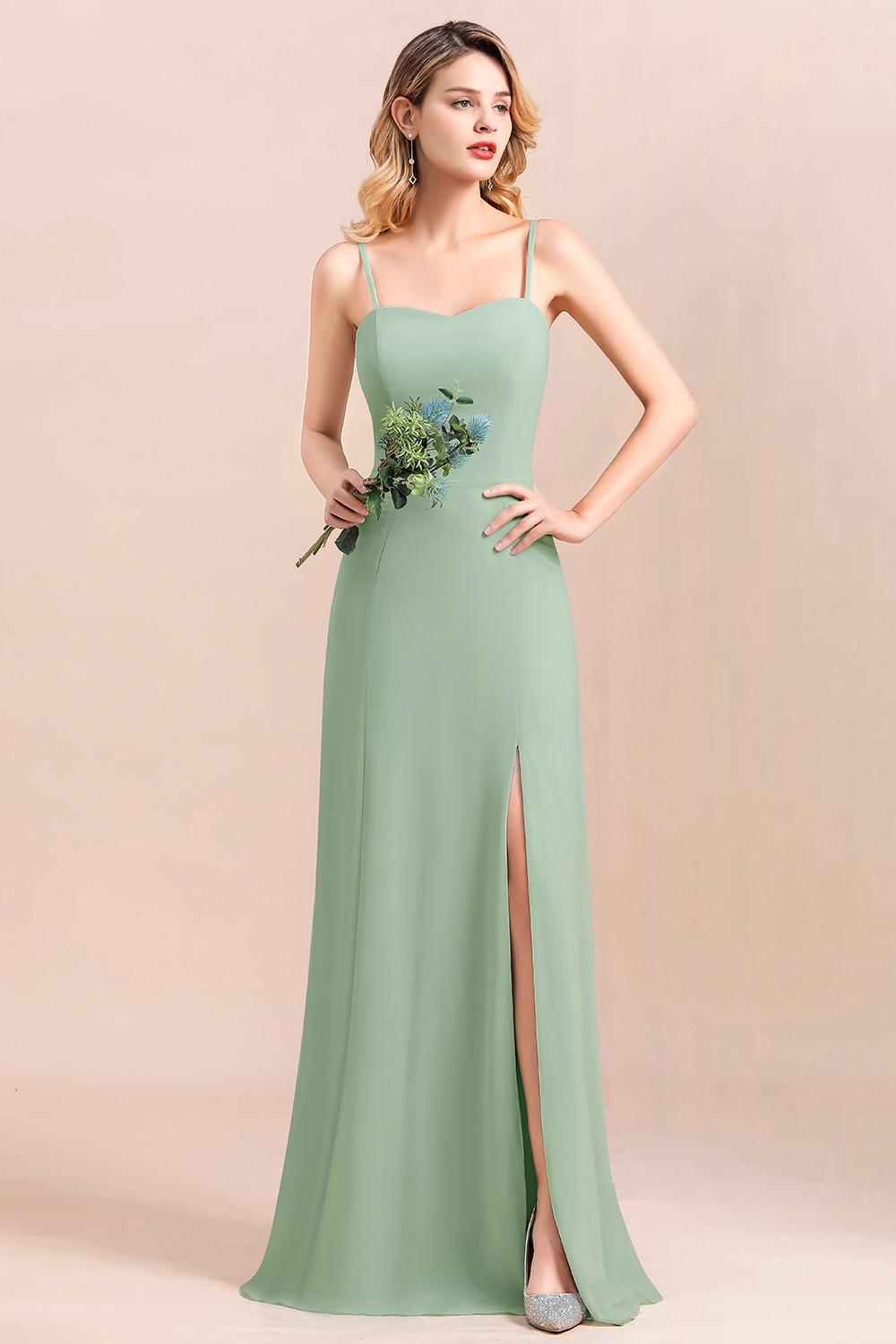 Romantic Sage Garden Dress Spaghetti Straps A-Line Chiffon Bridesmaid Dress With Side Slit