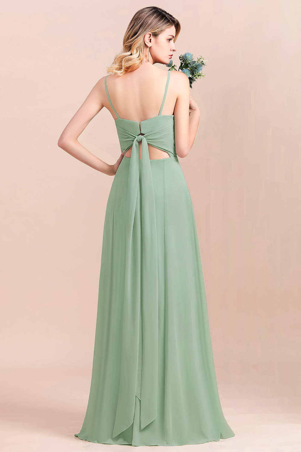 Romantic Sage Garden Dress Spaghetti Straps A-Line Chiffon Bridesmaid Dress With Side Slit