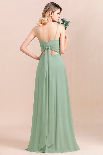 Romantic Sage Garden Dress Spaghetti Straps A-Line Chiffon Bridesmaid Dress With Side Slit