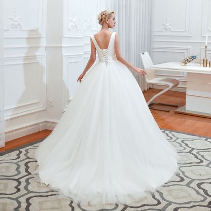 Long A-Line Tulle Wide Straps Deep V-neck Floor-length Wedding Dress