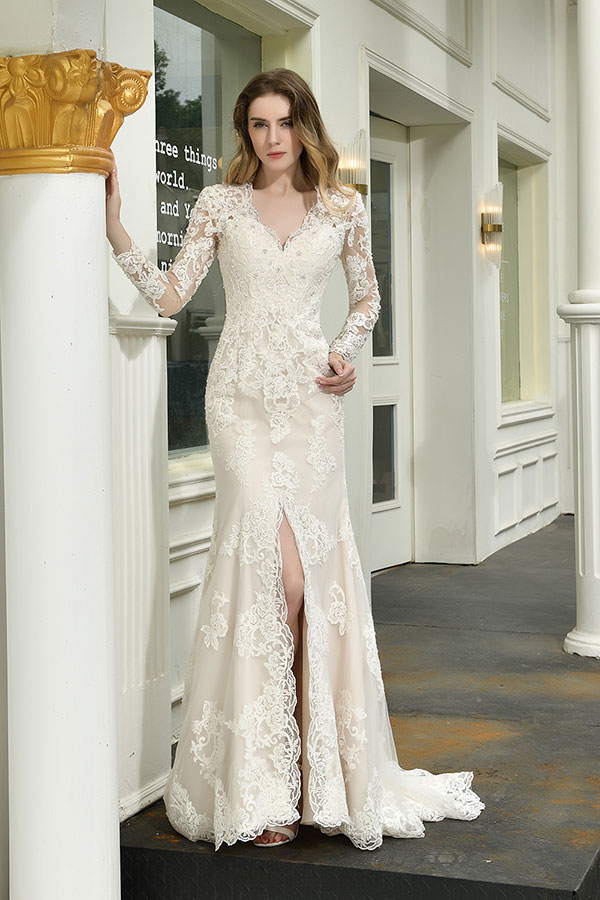 Elegant V-Neck Long Sleeve Satin Lace Mermaid Wedding Dress