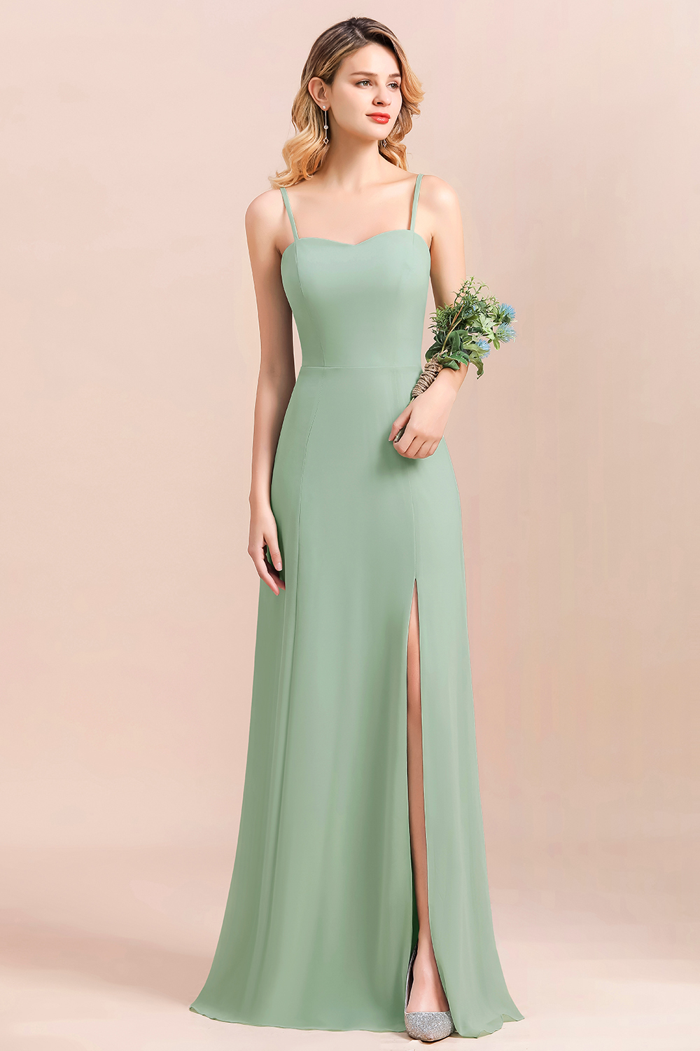 Romantic Sage Garden Dress Spaghetti Straps A-Line Chiffon Bridesmaid Dress With Side Slit