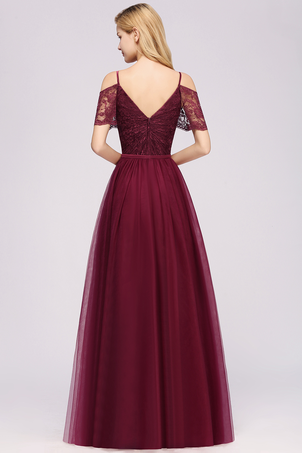 A-Line Chiffon Lace Sweetheart Spaghetti Straps Short-Sleeves Floor-Length Bridesmaid Dresses with Ruffles