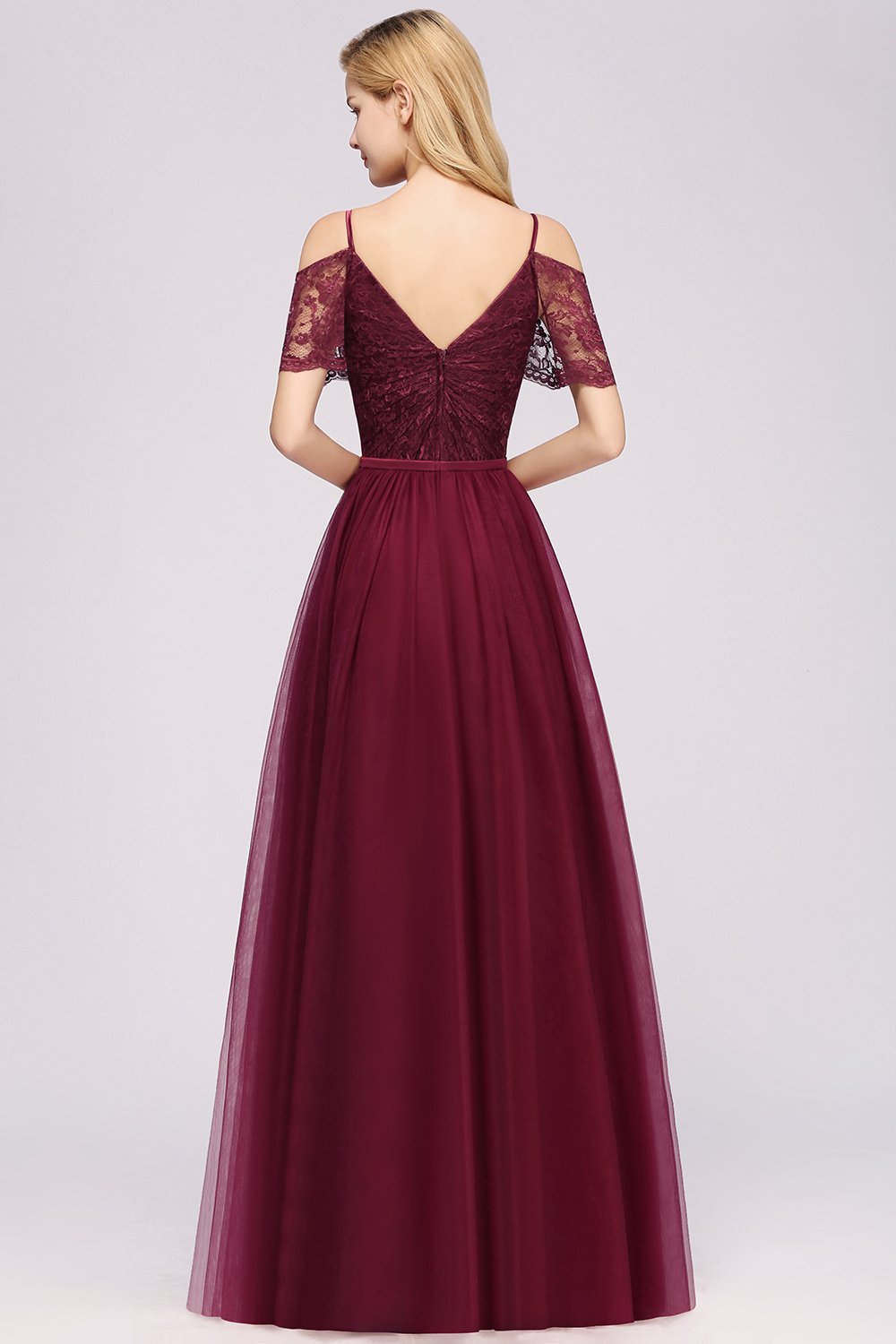 A-Line Chiffon Lace Sweetheart Spaghetti Straps Short-Sleeves Floor-Length Bridesmaid Dresses with Ruffles