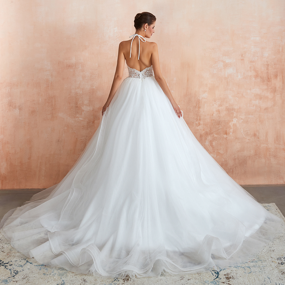 Long Ball Gown Halter Open Back Appliques Tulle Wedding Dress