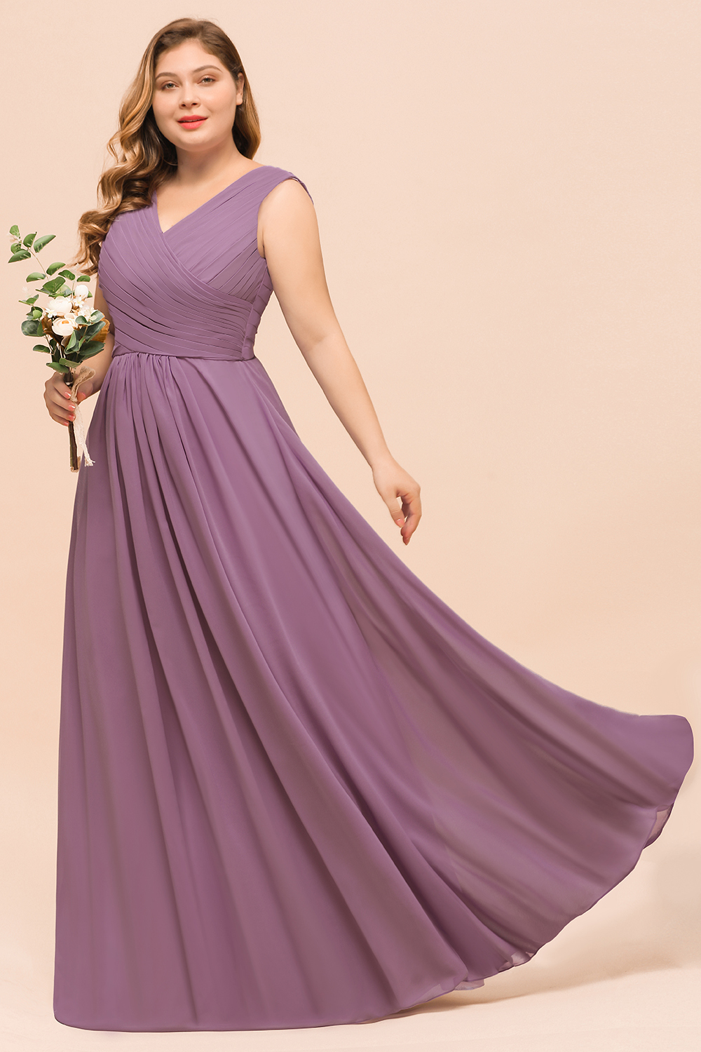 Elegant Plus size Long A-line V-neck Sleeveless Chiffon Wisteria Bridesmaid Dress
