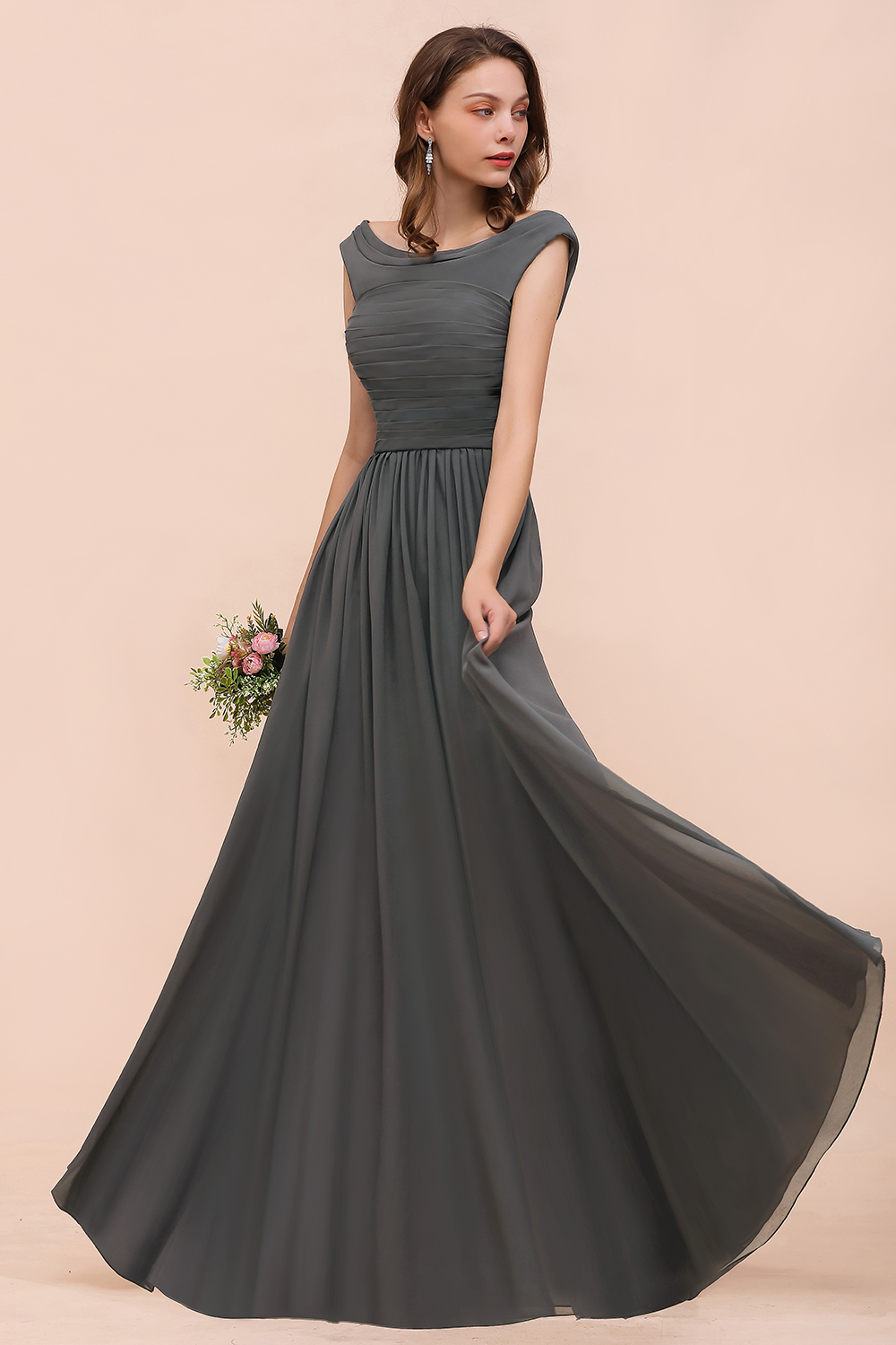 Long A-line Off-the-shoulder Ruffle Steel Grey Bridesmaid Dress with Slit