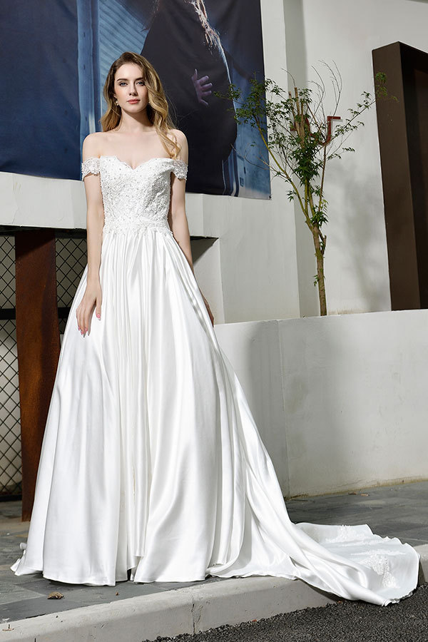 Long A-line Off the Shoulder Appliques Lace Satin Wedding Dress