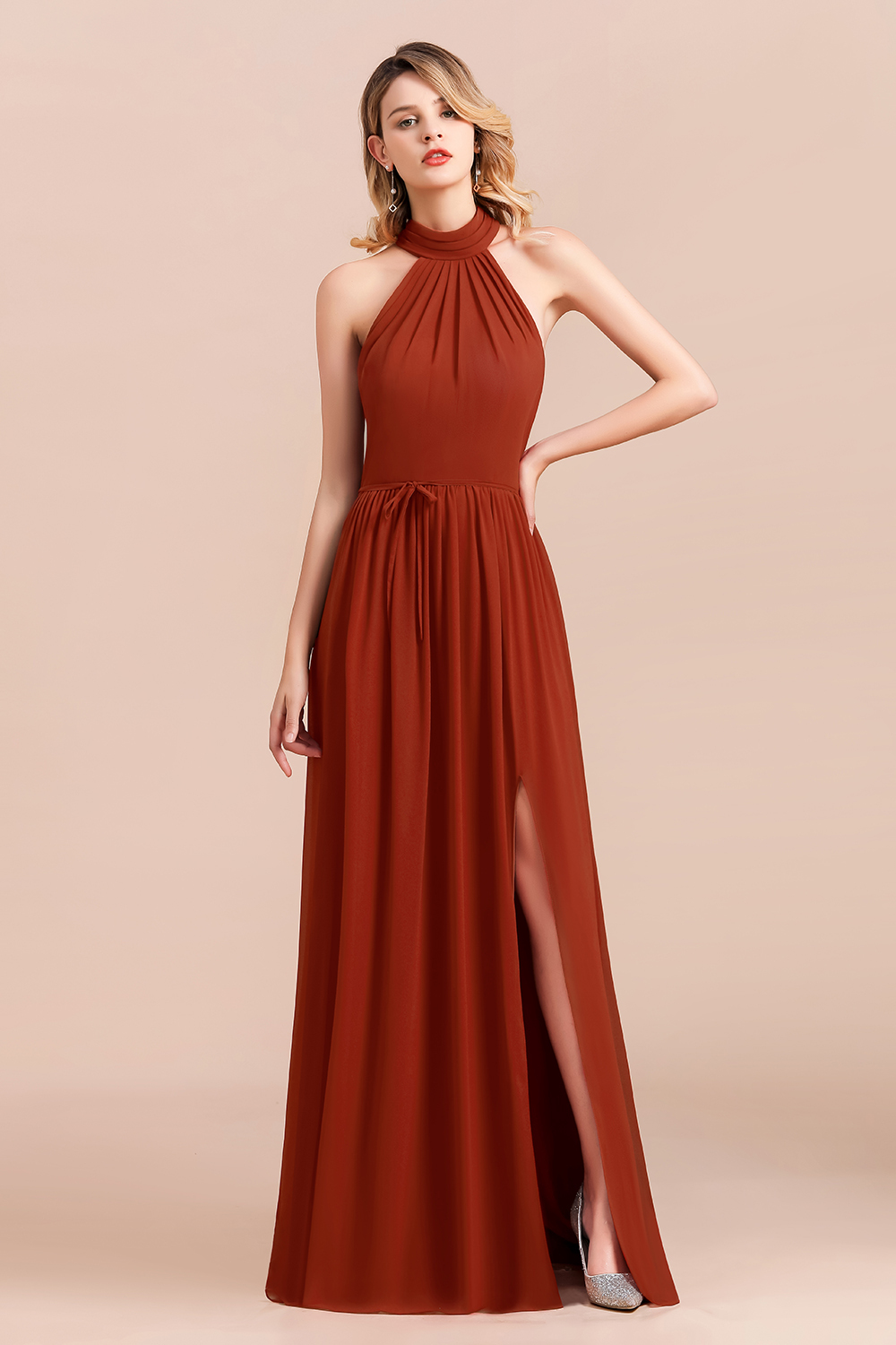 A-Line Halter Chiffon Floor-length Ruched Bridesmaid Dress With Side Slit