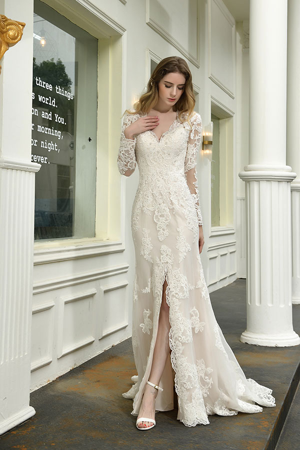 Elegant V-Neck Long Sleeve Satin Lace Mermaid Wedding Dress
