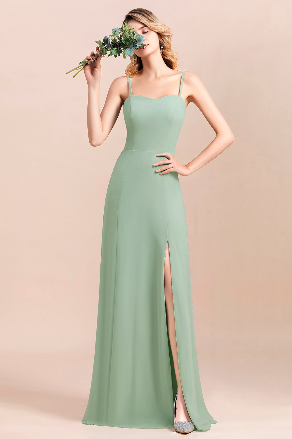 Romantic Sage Garden Dress Spaghetti Straps A-Line Chiffon Bridesmaid Dress With Side Slit