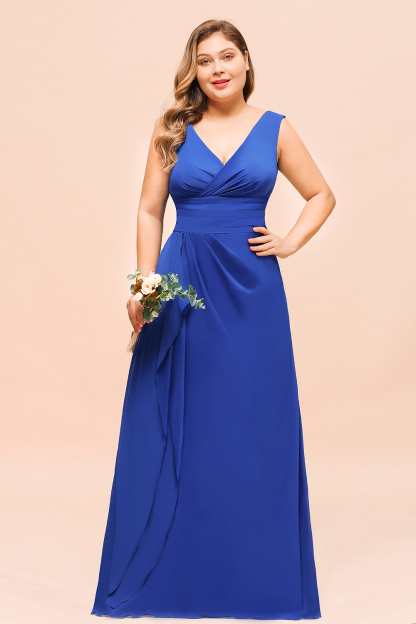 Plus Size Wide Straps V-neck A-line Floor-length Chiffon Bridesmaid Dress