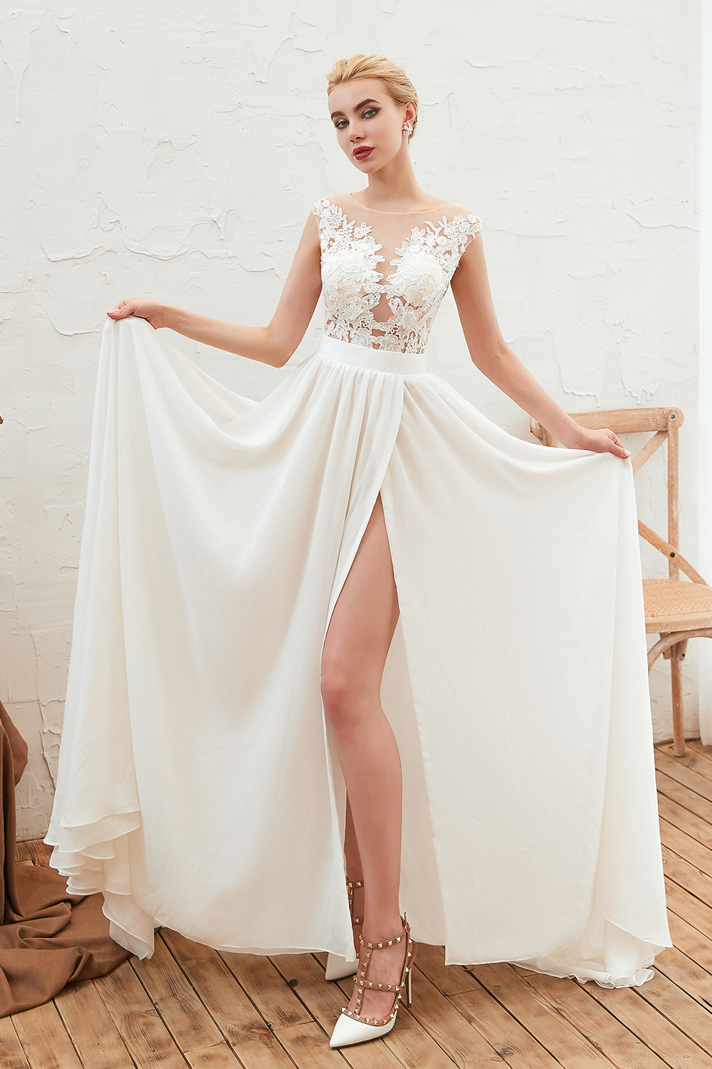 Long Bateau Appliques Lace A-line Chiffon Ruffles Wedding Dress With Side Slit