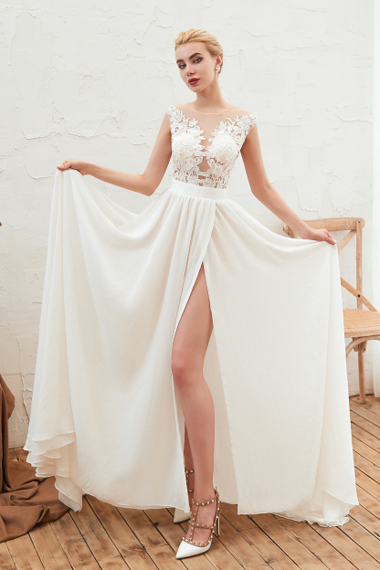 Long Bateau Appliques Lace A-line Chiffon Ruffles Wedding Dress With Side Slit
