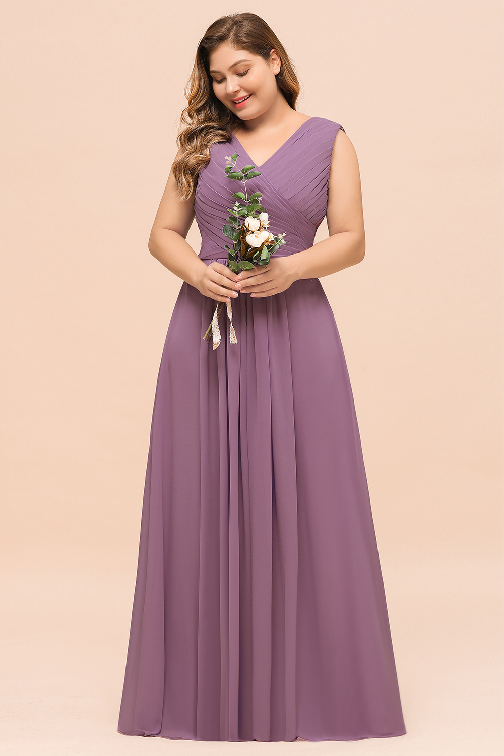 Elegant Plus size Long A-line V-neck Sleeveless Chiffon Wisteria Bridesmaid Dress