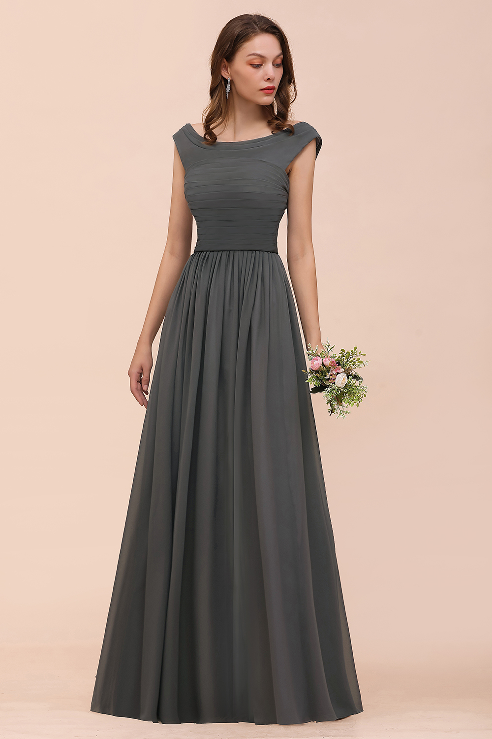 Long A-line Off-the-shoulder Ruffle Steel Grey Bridesmaid Dress with Slit