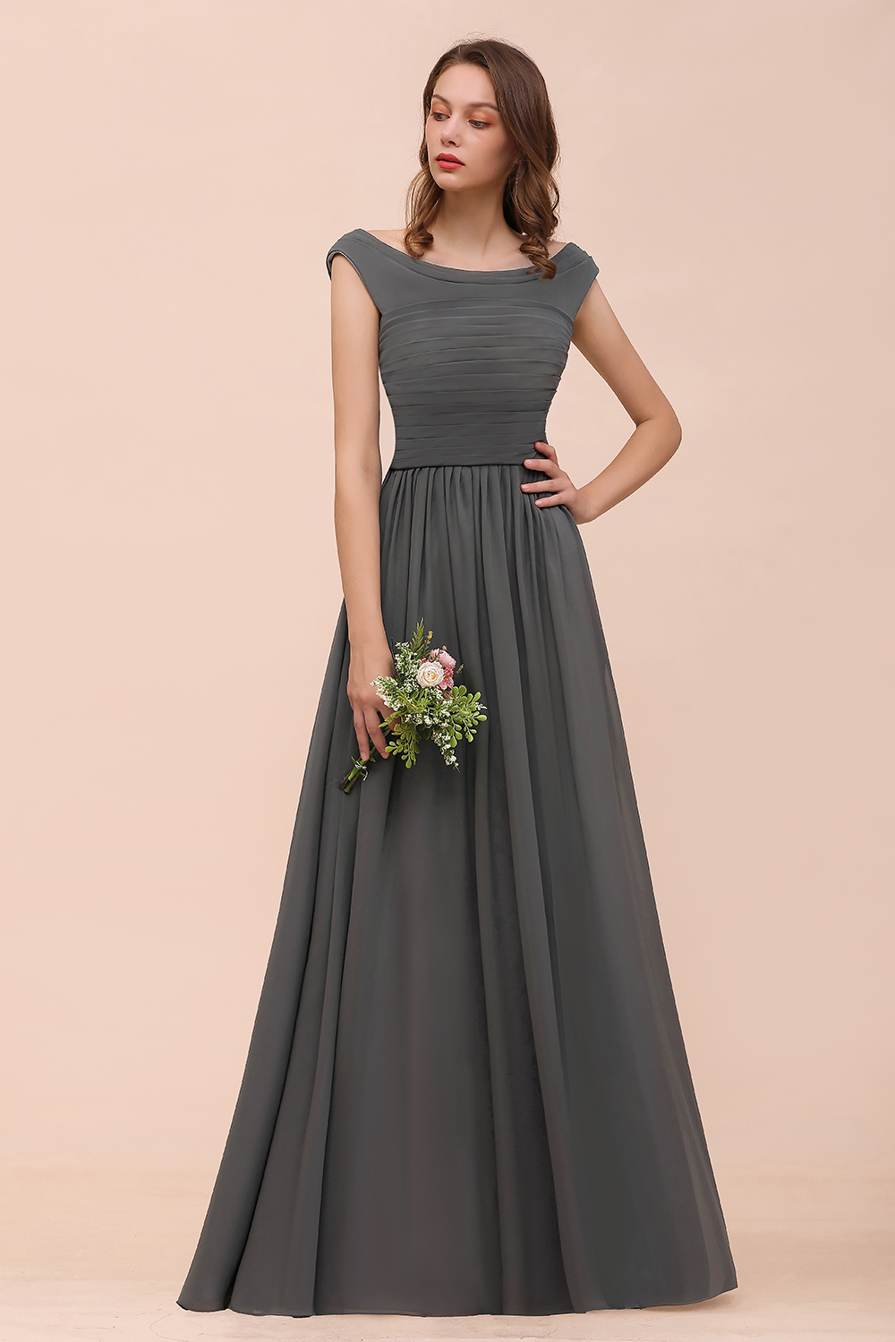 Long A-line Off-the-shoulder Ruffle Steel Grey Bridesmaid Dress with Slit