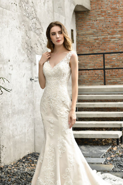 Elegant Long V-neck Mermaid Satin Lace Open Back Wedding Dress