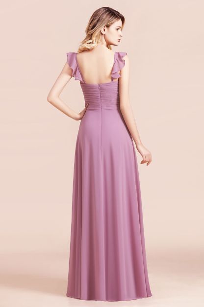 Sweetheart Ruffles Straps Chiffon Long Bridesmaid Dress A-Line Sleeveless Party Dress