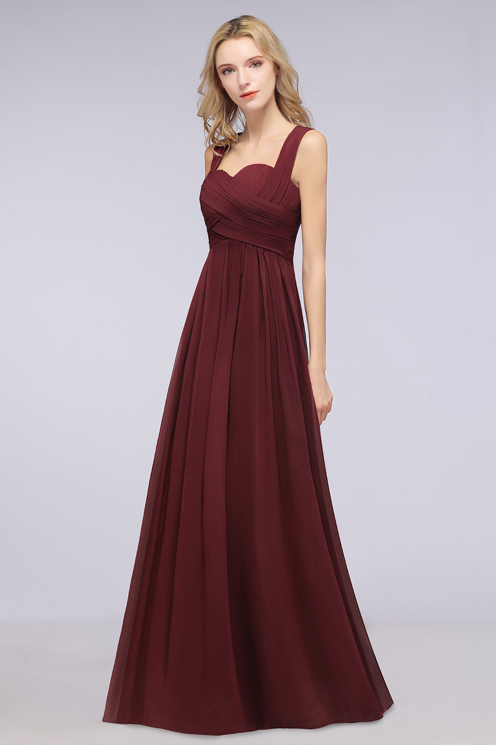 Burgundy Simple Long A-line Cap Sleeves Sweetheart Bridesmaid Dress