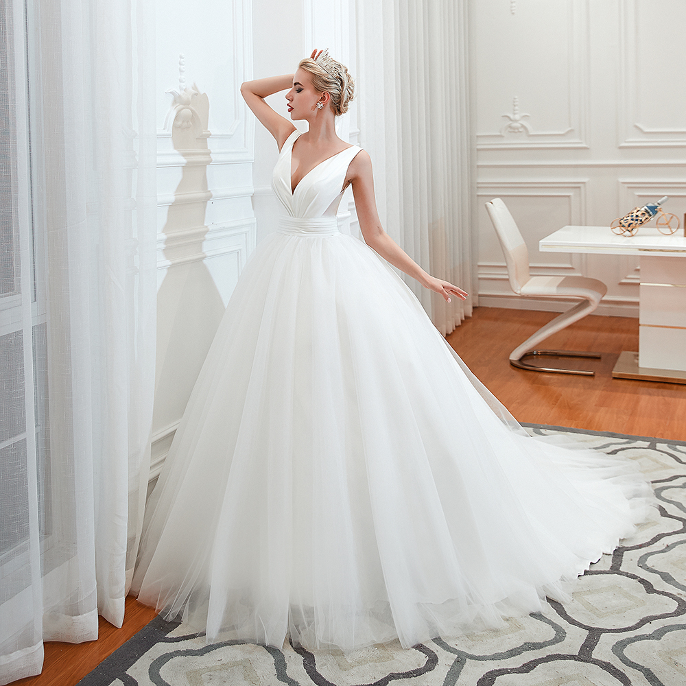 Long A-Line Tulle Wide Straps Deep V-neck Floor-length Wedding Dress