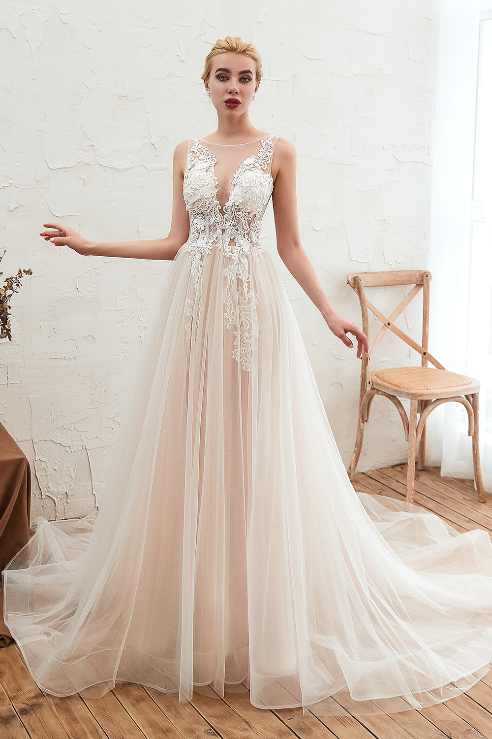 Long A-line Bateau Tulle Open Back Wedding Dress With Floral Lace