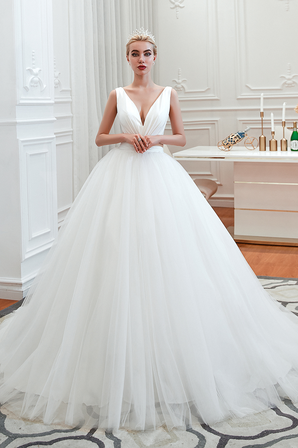 Long A-Line Tulle Wide Straps Deep V-neck Floor-length Wedding Dress