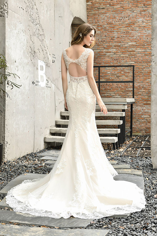 Elegant Long V-neck Mermaid Satin Lace Open Back Wedding Dress