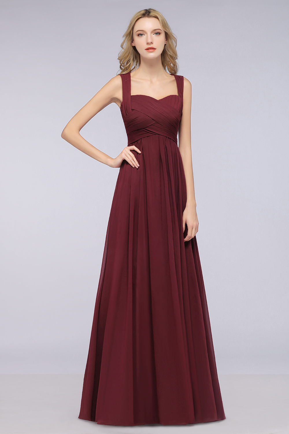 Burgundy Simple Long A-line Cap Sleeves Sweetheart Bridesmaid Dress