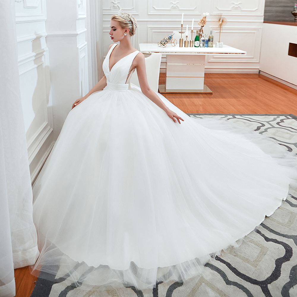 Long A-Line Tulle Wide Straps Deep V-neck Floor-length Wedding Dress