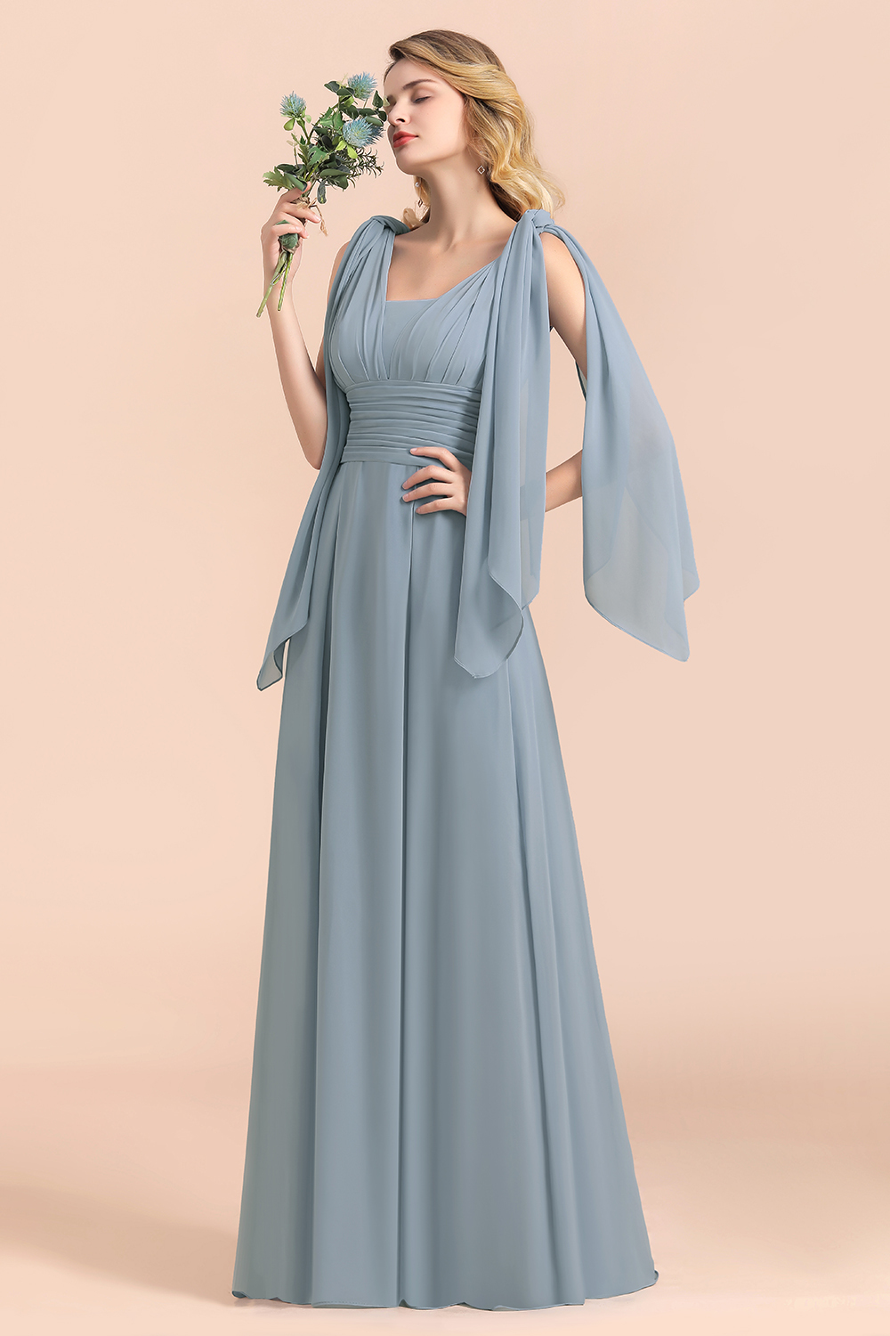 Grey Blue Sleeveless A-Line Wedding Guest Dress Floor Length Bridesmaid Dress