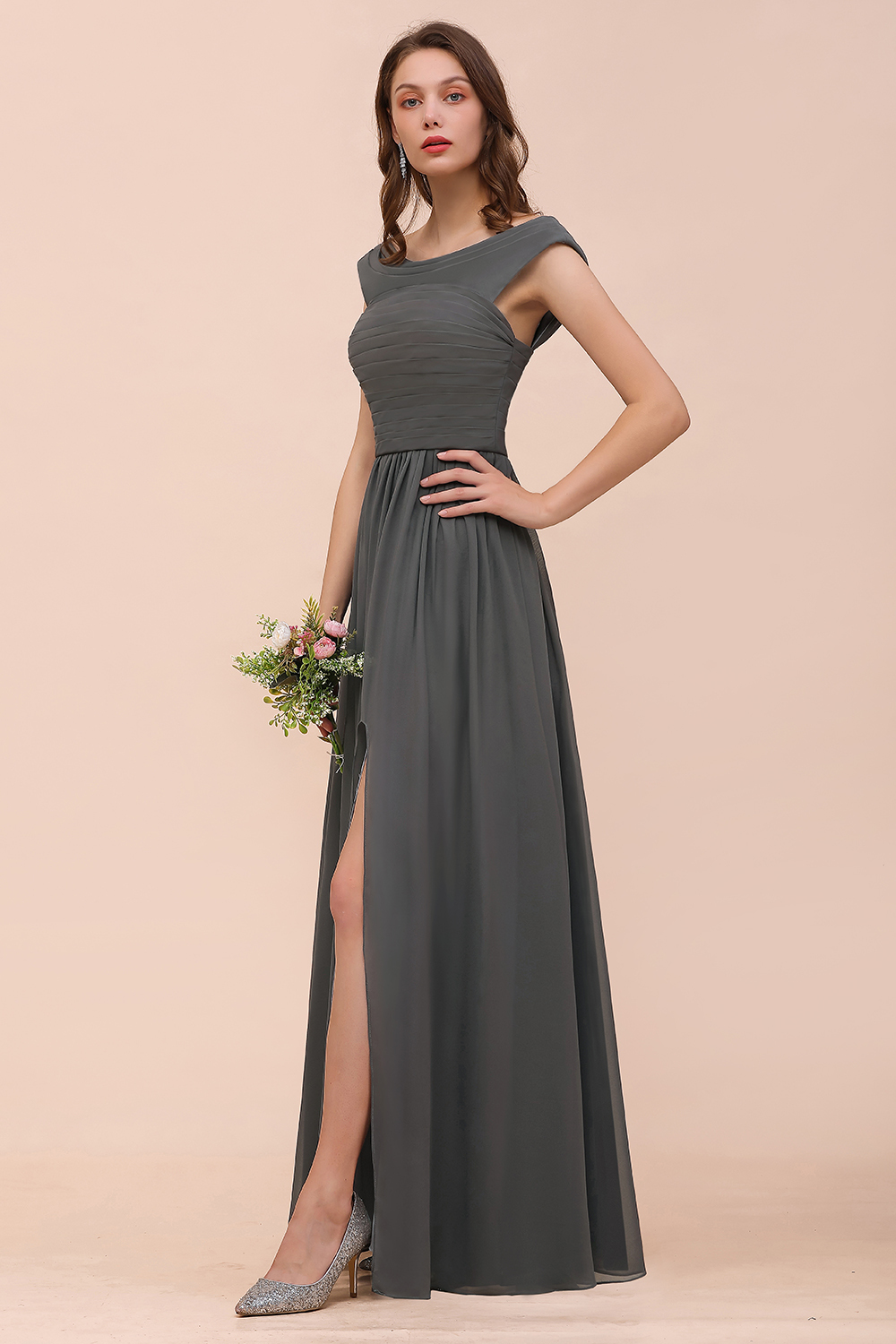 Long A-line Off-the-shoulder Ruffle Steel Grey Bridesmaid Dress with Slit