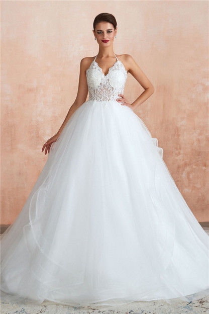 Long Ball Gown Halter Open Back Appliques Tulle Wedding Dress