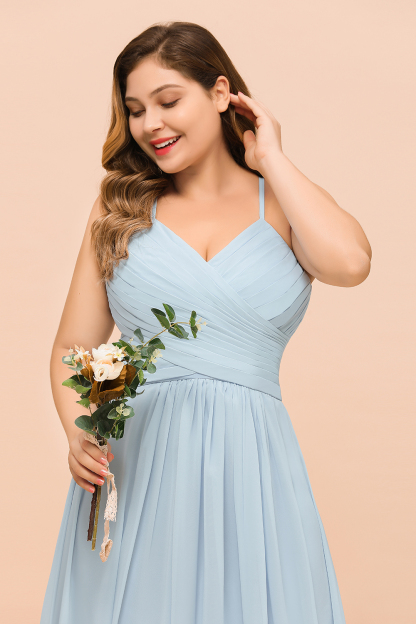 Plus Size Long A-line V-neck Spaghetti Straps Chiffon Sky Blue Bridesmaid Dresses