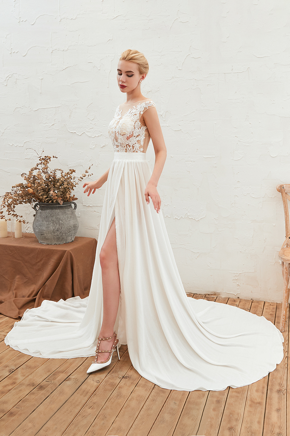 Long Bateau Appliques Lace A-line Chiffon Ruffles Wedding Dress With Side Slit