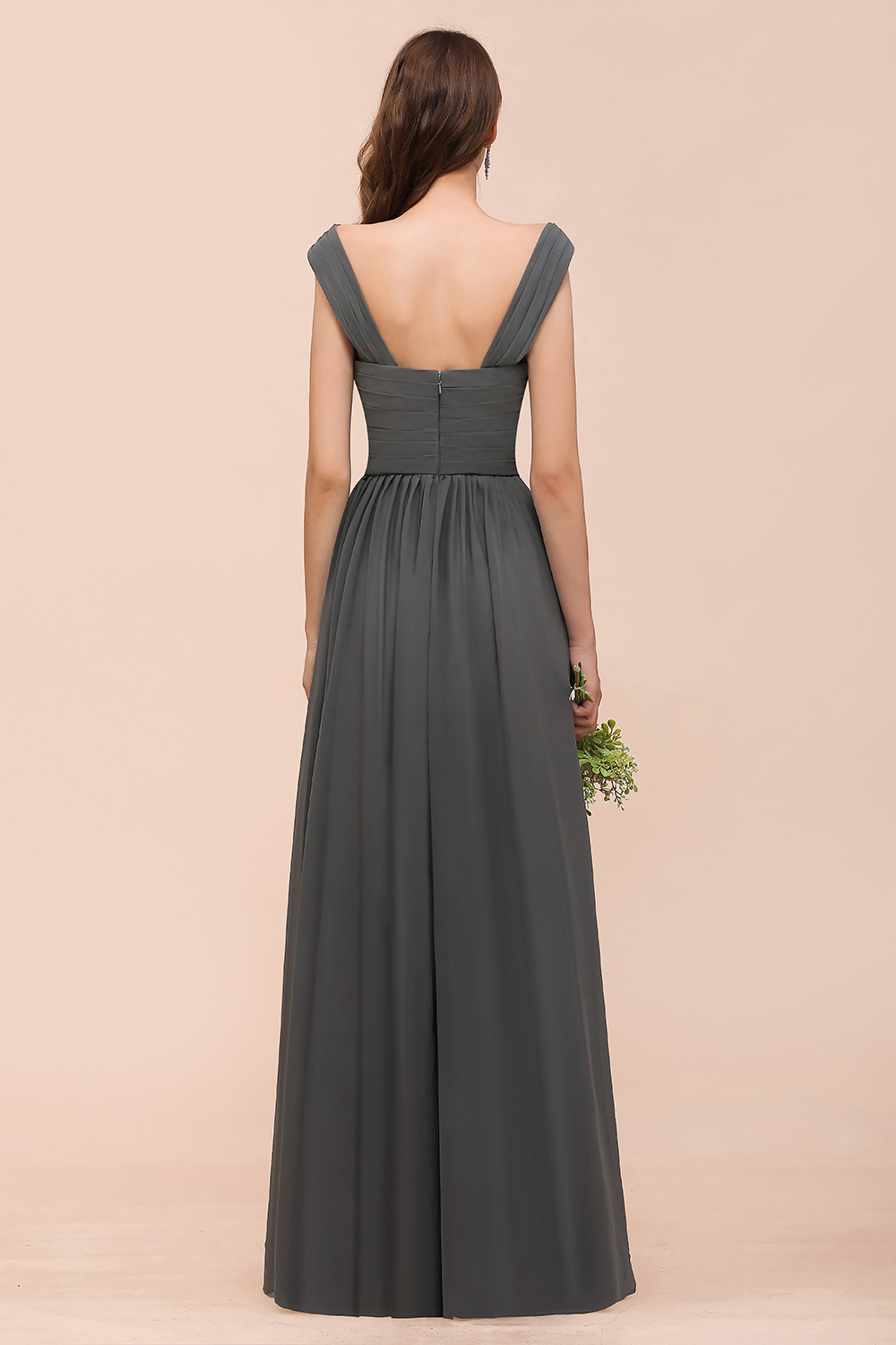 Long A-line Off-the-shoulder Ruffle Steel Grey Bridesmaid Dress with Slit
