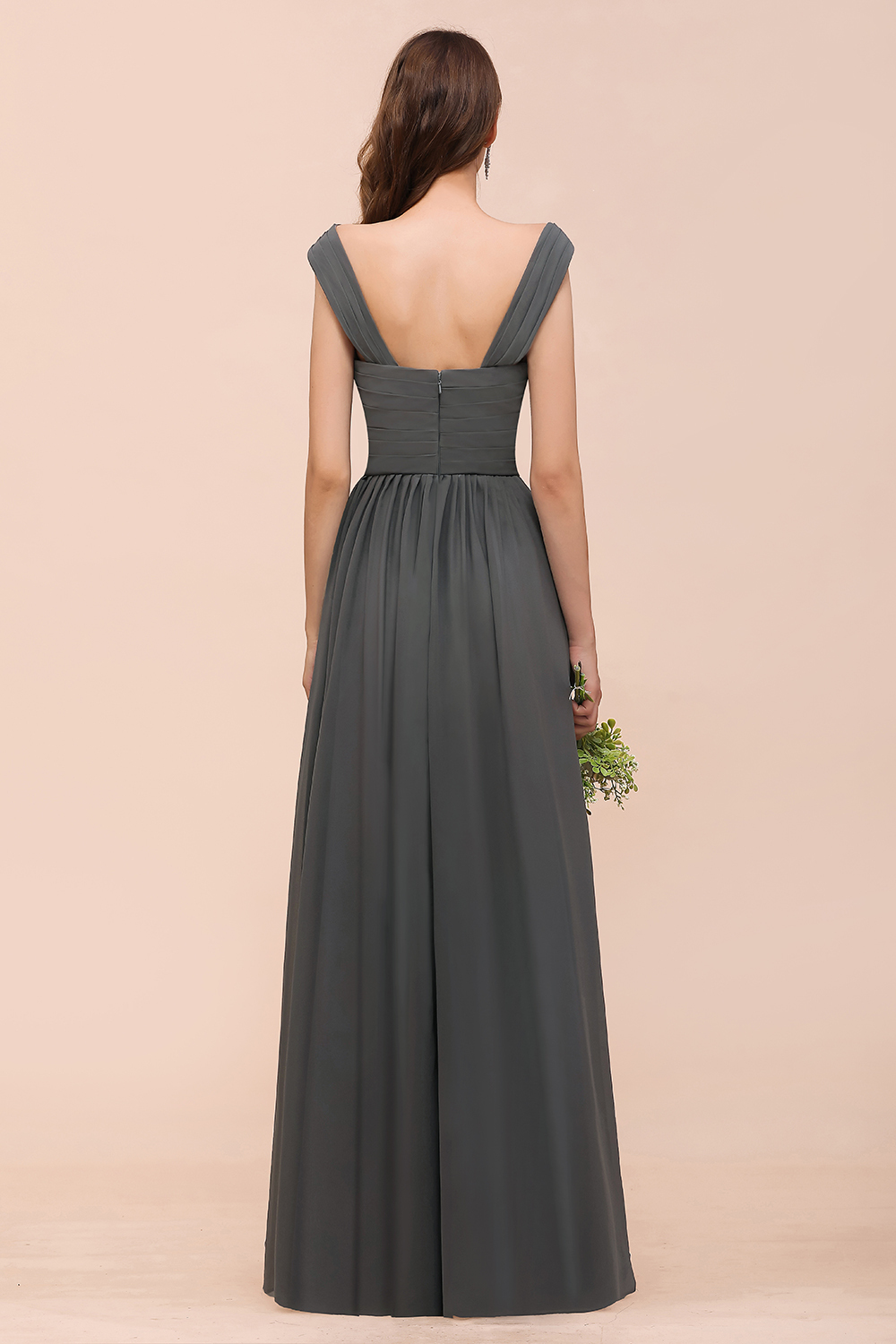Long A-line Off-the-shoulder Ruffle Steel Grey Bridesmaid Dress with Slit