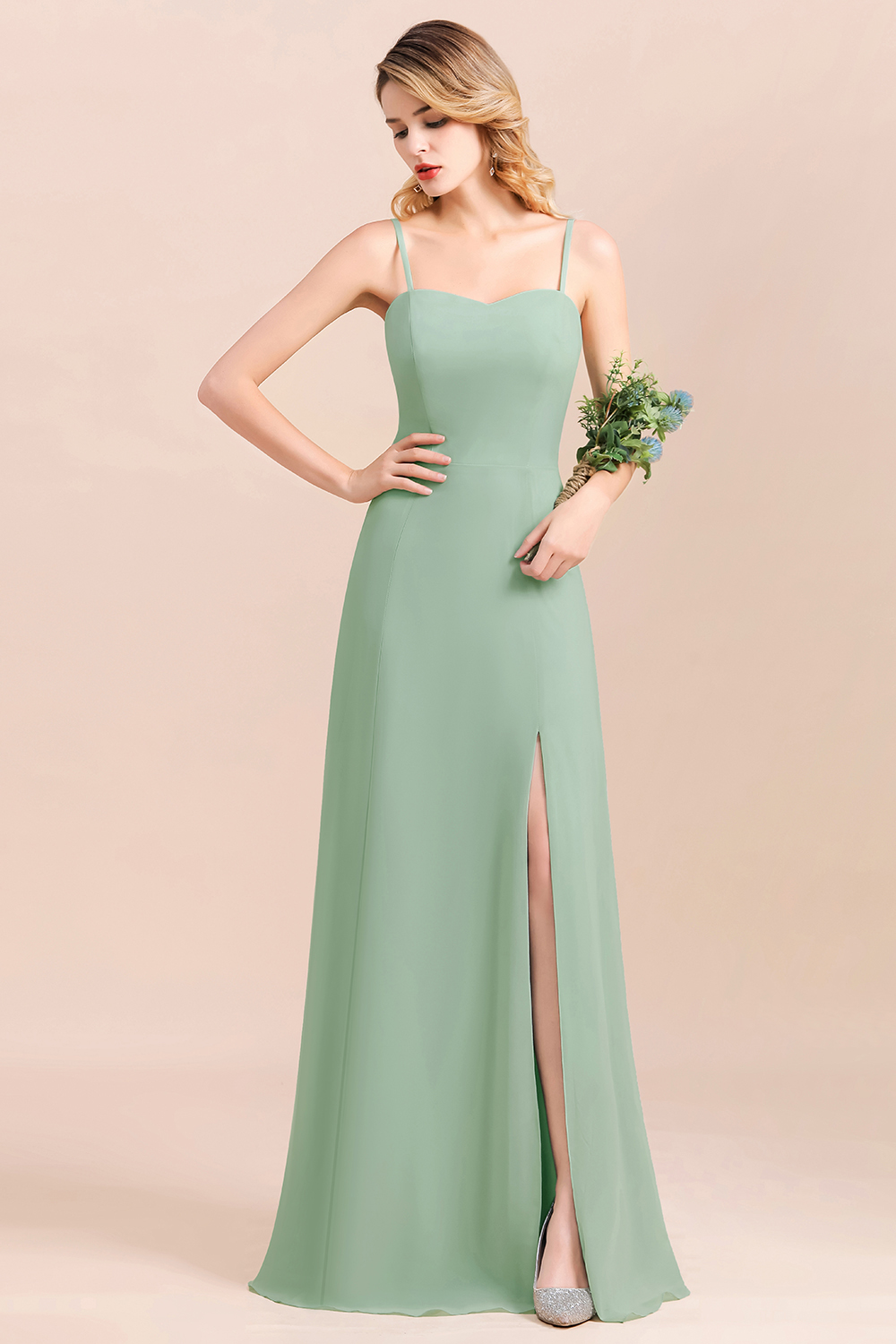 Romantic Sage Garden Dress Spaghetti Straps A-Line Chiffon Bridesmaid Dress With Side Slit