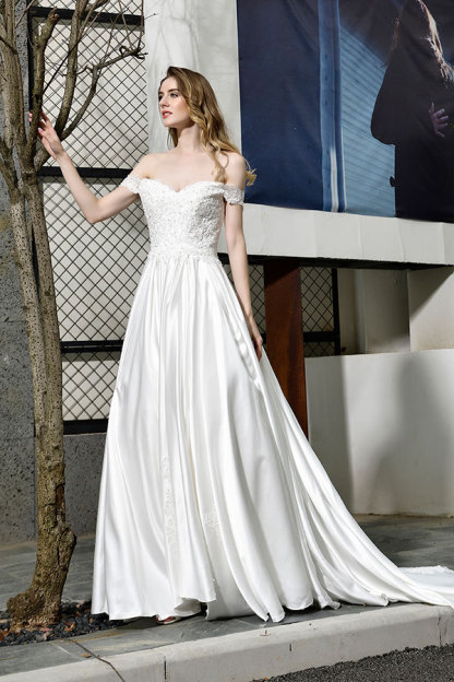 Long A-line Off the Shoulder Appliques Lace Satin Wedding Dress