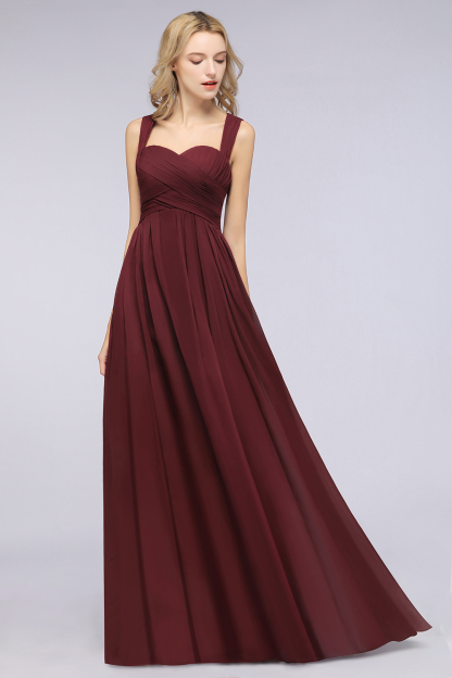 Burgundy Simple Long A-line Cap Sleeves Sweetheart Bridesmaid Dress