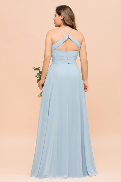 Plus Size Long A-line V-neck Spaghetti Straps Chiffon Sky Blue Bridesmaid Dresses