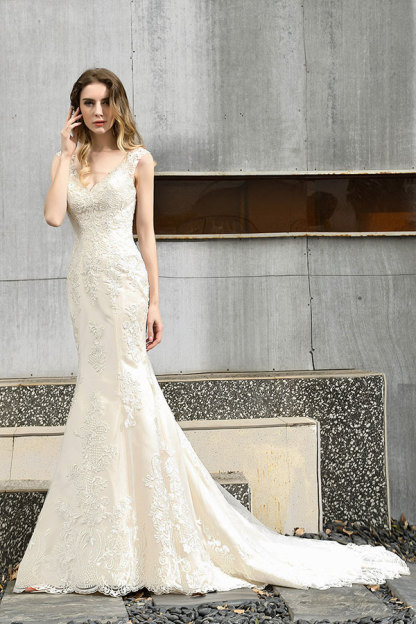 Elegant Long V-neck Mermaid Satin Lace Open Back Wedding Dress